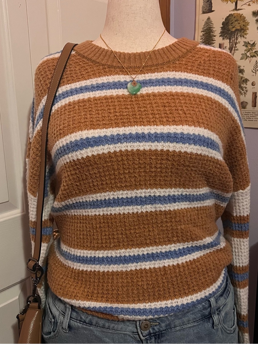 American Eagle Outfitters Striped Waffle-Knit Crew Sweater — Camel, Blue & White